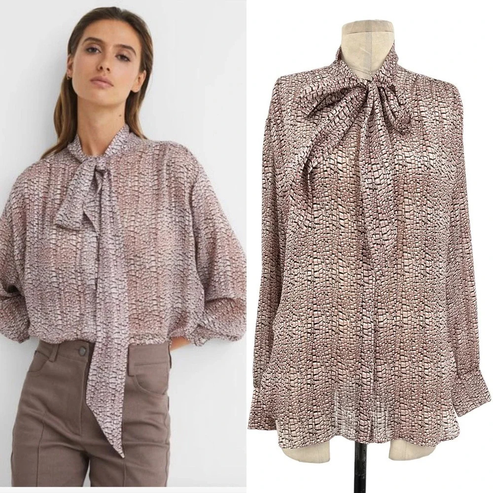 Reiss Kelsie Metallic Tie Neck‎ Top Pink Blouse Size US 6